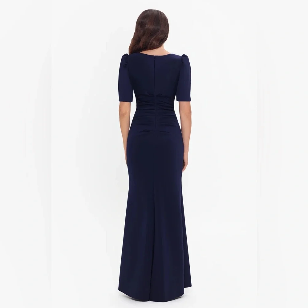 Xscape Navy Ruffle Detail Gown NWOT 4 Elegant Formal Evening Dress Modest GALA